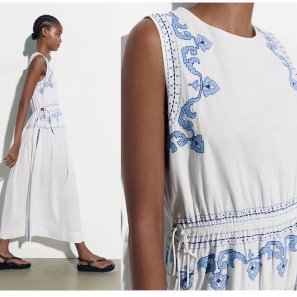 Zara embroidered white and blue dress. Size XS